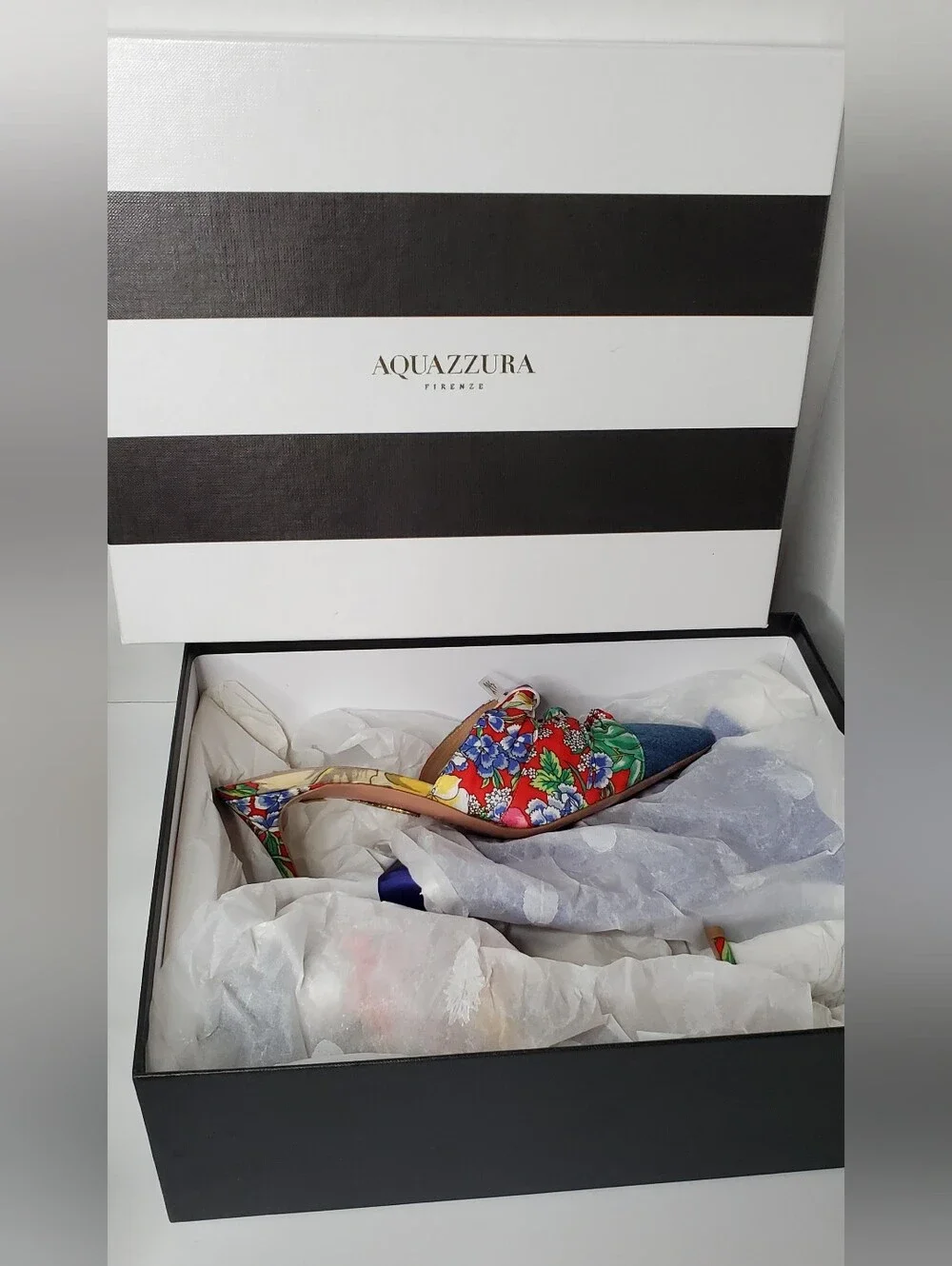 AQUAZZURA DENIM FLORAL Mule Heels NEW 36.5 (6) NWT